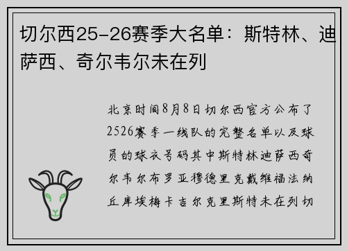 切尔西25-26赛季大名单：斯特林、迪萨西、奇尔韦尔未在列